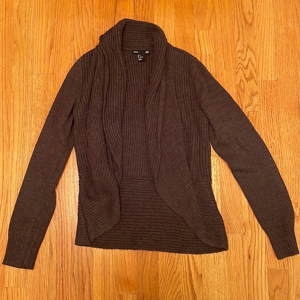 Women's H&M Brown Knit Open Cardigan Sweater Waterfall Cascading Front Detail